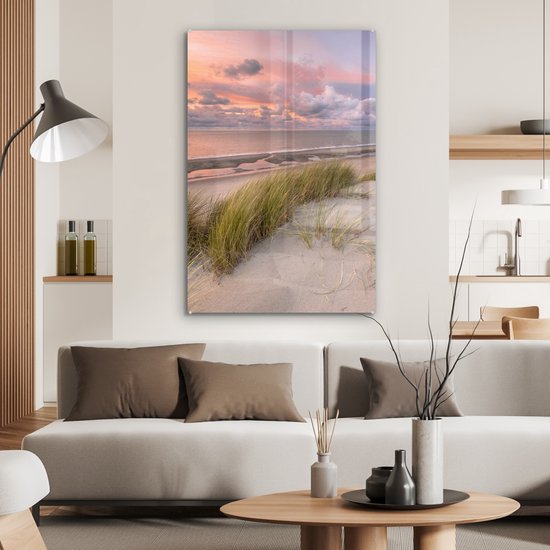 MuchoWow® Peinture sur verre 80x120 cm - Peinture sur verre acrylique - Plage - Mer - Dune - Nederland - Rose - Photo sur verre - Peintures
