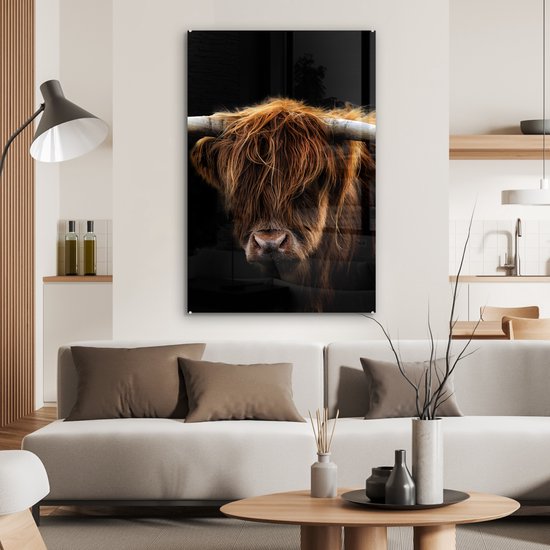 Peinture sur verre Scottish Highlander - Cornes - Zwart - Animaux - Vache - Salon - 60x90 cm - Photo sur verre - Décoration murale verre - Décoration chambre - Assiette en verre - Décoration murale