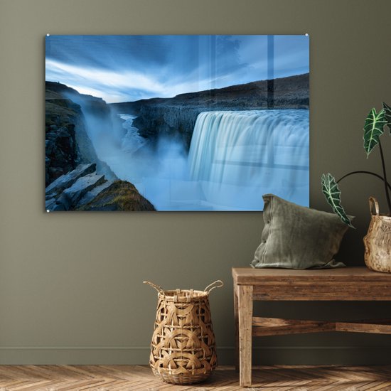 Peinture sur verre - Une large cascade dans le parc national de Vatnajökull en Islande sous un ciel nuageux - 90x60 cm - Peintures sur verre acrylique - Photo sur Glas