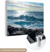 MuchoWow® Glasschilderij 80x60 cm - Schilderij acrylglas - Zee - Stenen - Zon - Foto op glas - Schilderijen