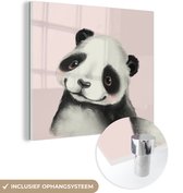 MuchoWow® Glasschilderij 90x90 cm - Schilderij acrylglas - Panda - Kinderen - Roze - Foto op glas - Schilderijen