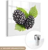 MuchoWow® Glasschilderij 50x50 cm - Schilderij acrylglas - Bramen - Bladeren - Wit - Foto op glas - Schilderijen