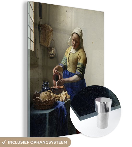 MuchoWow® Glasschilderij 60x80 cm - Schilderij acrylglas - Het melkmeisje - Johannes Vermeer - Foto op glas - Schilderijen