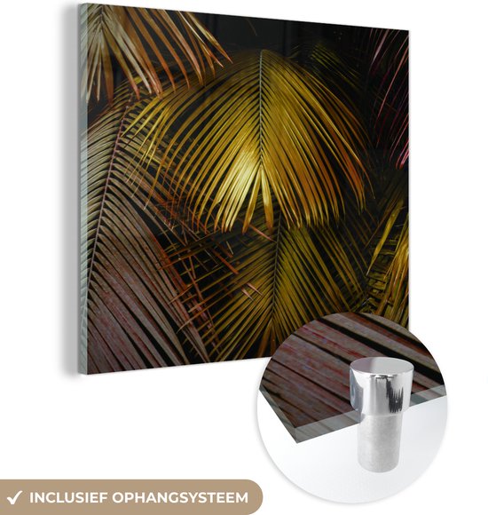 MuchoWow® Glasschilderij 20x20 cm - Schilderij acrylglas - Jungle - Palmboom - Goud - Foto op glas - Schilderijen