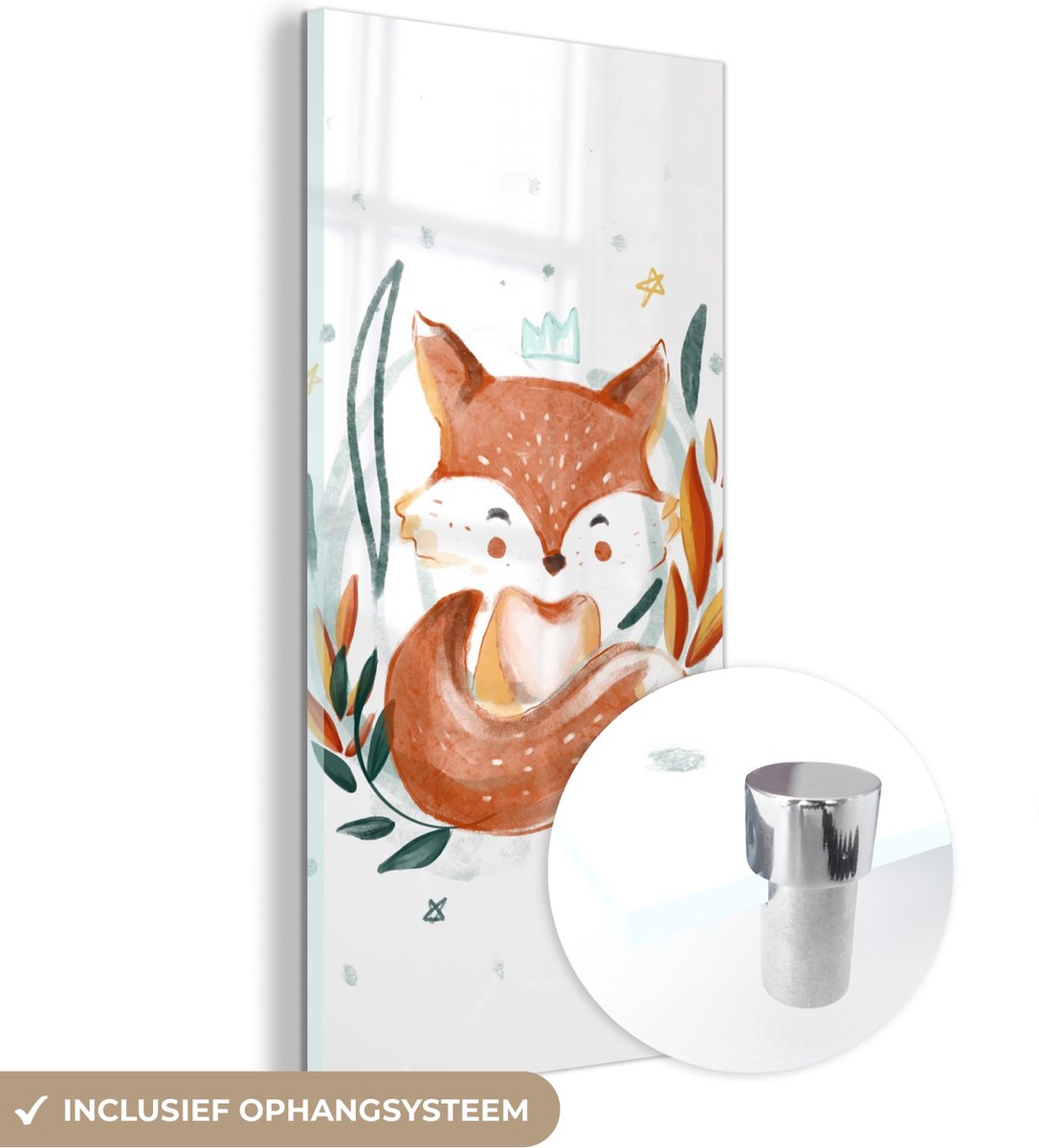 ® Glasschilderij 60x120 cm - Schilderij acrylglas - Illustratie van een baby vos - Foto op glas - Muurdecoratie woonkamer - Wanddecoratie slaapkamer - Schilderijen