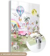 MuchoWow® Glasschilderij - Unicorn - Regenboog - Kinderen - Meiden - Auto - 90x120 cm - Acrylglas Schilderijen - Foto op Glas