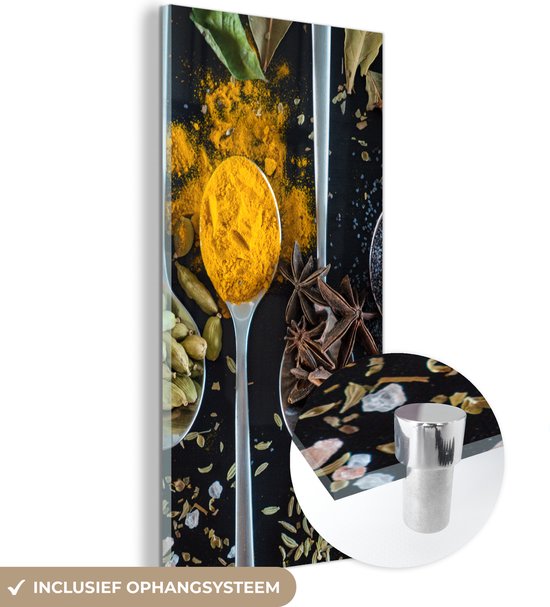 MuchoWow® Glasschilderij 80x160 cm - Schilderij acrylglas - Kruiden - Lepel - Specerijen - Zwart - Keuken - Foto op glas - Schilderijen