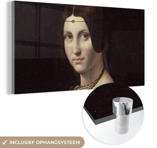 MuchoWow® Glasschilderij 160x80 cm - Schilderij acrylglas - La Belle Ferronnière - Leonardo da Vinci - Foto op glas - Schilderijen