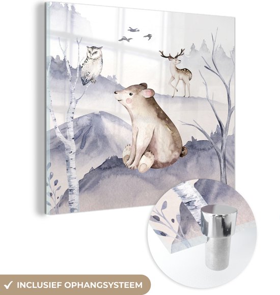 MuchoWow® Glasschilderij 90x90 cm - Schilderij acrylglas - Dieren - Winter - Uil - Foto op glas - Schilderijen
