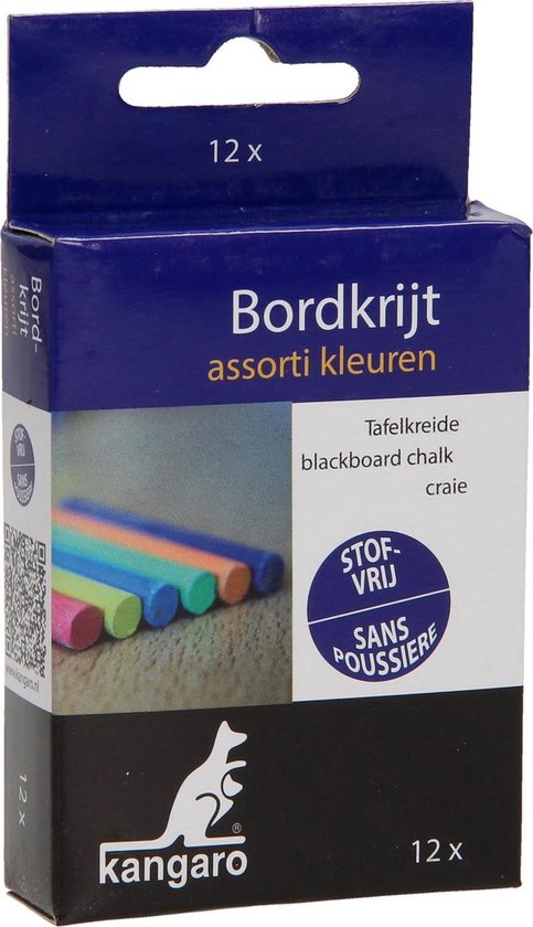 Doos bordkrijt in assorti kleuren van Kangaro, 12 stuks. Stofvrij.
