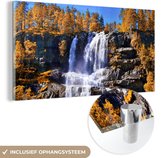 MuchoWow® Glasschilderij 40x20 cm - Schilderij acrylglas - Waterval - Noorwegen - Natuur - Foto op glas - Schilderijen