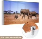 MuchoWow® Glasschilderij 120x60 cm - Schilderij acrylglas - Familie olifanten met hun baby in Kenia - Foto op glas - Schilderijen