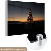 Peinture sur verre MuchoWow® 150x100 cm - Peinture acrylique sur verre - Sapin de Noël au lever du soleil - Photo sur verre - Peintures