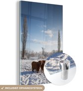 MuchoWow® Glasschilderij 120x180 cm - Schilderij acrylglas - Schotse hooglander - Licht - Sneeuw - Foto op glas - Schilderijen