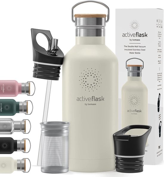 Drinkfles, roestvrij staal, Active Flask + rietje (3 flessen), BPAvrij