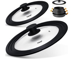 Deksels (set van 2) - siliconen deksels voor potten en pannen met 16/18/20 cm en 24/26/28 cm diameter, ruimtebesparend, met gegradueerde rand, glazen deksels met stoomopening, vaatwasmachinebestendig