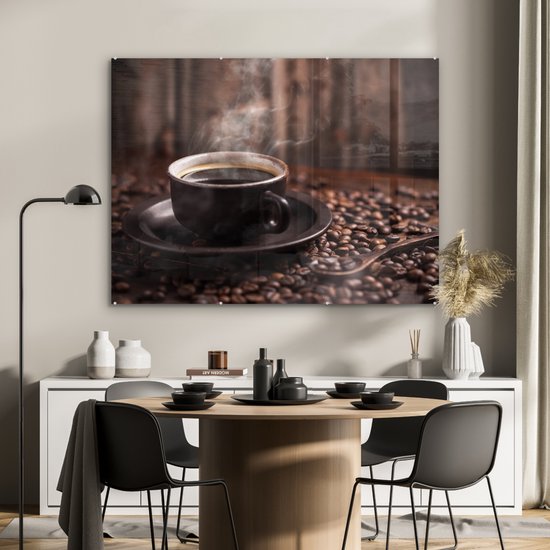 MuchoWow® Peinture sur verre 120x90 cm - Peinture sur verre acrylique - Café - Chaud - Grains de café - Photo sur verre - Peintures