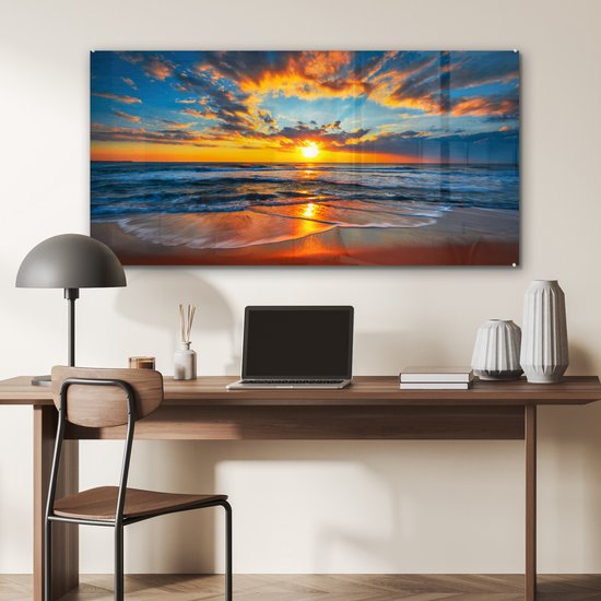 Tableau sur Verres - Tableau sur verre - Coucher de soleil - Horizon - Mer - Nuages - Décoration murale - Tableau mer - Photo sur verre - Verre acrylique - 120x60 cm - Décoration murale