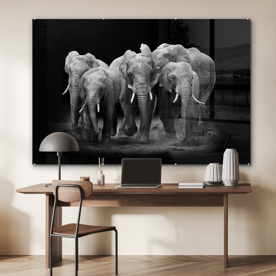 MuchoWow® Glasschilderij 180x120 cm - Schilderij acrylglas - Olifant - Zwart - Wit - Dieren - Foto op glas - Schilderijen
