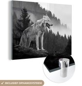 MuchoWow® Glasschilderij 120x90 cm - Schilderij acrylglas - Wolf - Bos - Zwart - Wit - Foto op glas - Schilderijen
