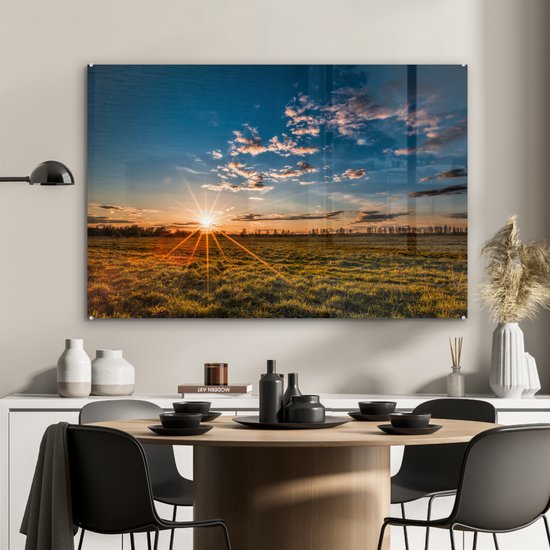 MuchoWow - Tableau sur verre - Photo sur verre - Herbe - Coucher de soleil - Nuages - Nature - 120x80 cm - Décoration murale - Verre acrylique - Tableau nature - Tableau verre