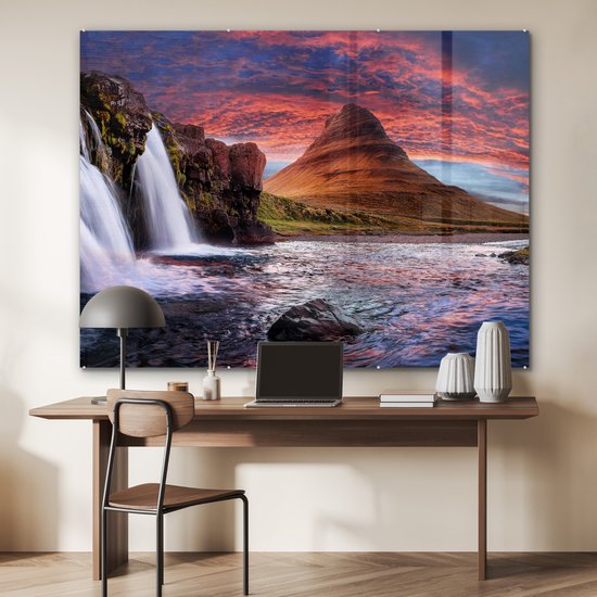 Peinture sur verre - Photo sur verre - Islande - Cascade - Berg - Verre acrylique - Décoration murale - Peinture cascade - Peinture sur verre - 160x120 cm - Décoration murale