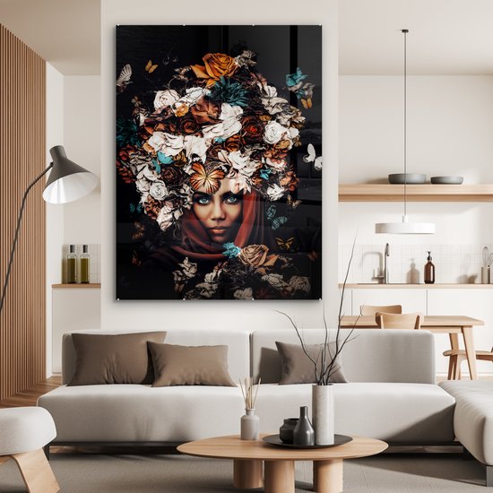 Peinture sur Verre - Fleurs - Papillon - Femmes - Foulard - 120x160 cm - Peintures sur Verre Peintures - Photo sur Glas