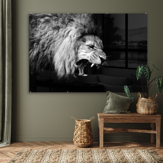 Peinture sur verre - Photo sur verre - Verre acrylique - Animaux - Lion - Zwart - Wit - 180x120 cm - Décoration de chambre - Peinture sur verre animaux - Décoration murale verre - Peinture sur verre lion