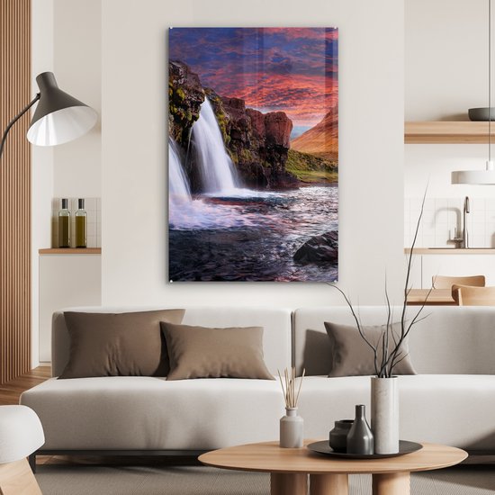 Peinture sur verre - Photo sur verre - Islande - Cascade - Berg - Verre acrylique - Décoration murale - Peinture cascade - Peinture sur verre - 80x120 cm - Décoration murale