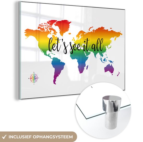 Wereldkaart aux couleurs de l'arc-en-ciel et texte imprimé en gras Plexiglas 180x120 cm - Tirage photo sur Glas (décoration murale en plexiglas) XXL / Groot format!