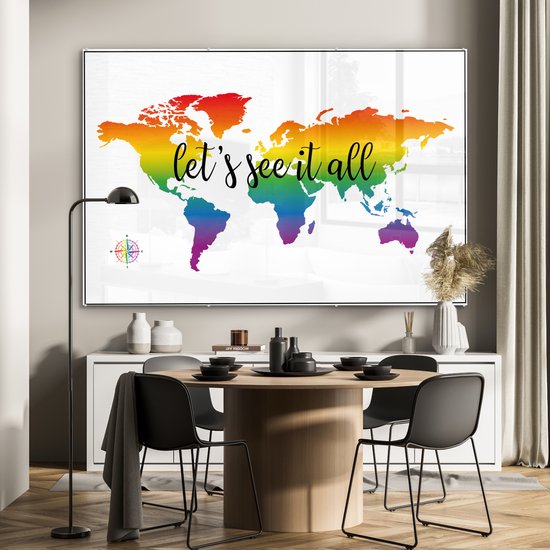 Wereldkaart aux couleurs de l'arc-en-ciel et texte imprimé en gras Plexiglas 180x120 cm - Tirage photo sur Glas (décoration murale en plexiglas) XXL / Groot format!