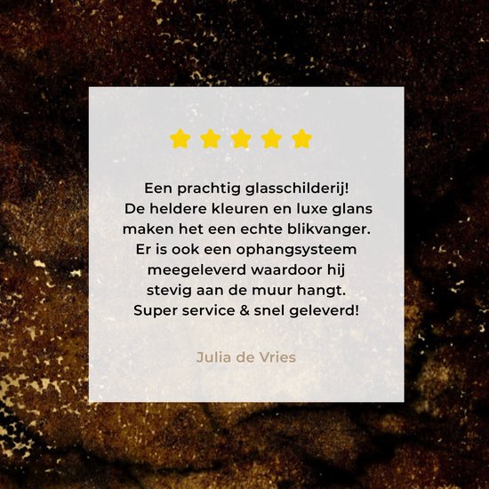 Klantbeoordeling van een glas-in-lood schilderij met gouden spikkels op bruine en zwarte achtergrond.