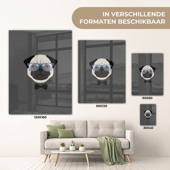MuchoWow® Glasschilderij 120x160 cm - Schilderij acrylglas - Geïllustreerd portret van een mopshond - Foto op glas - Schilderijen