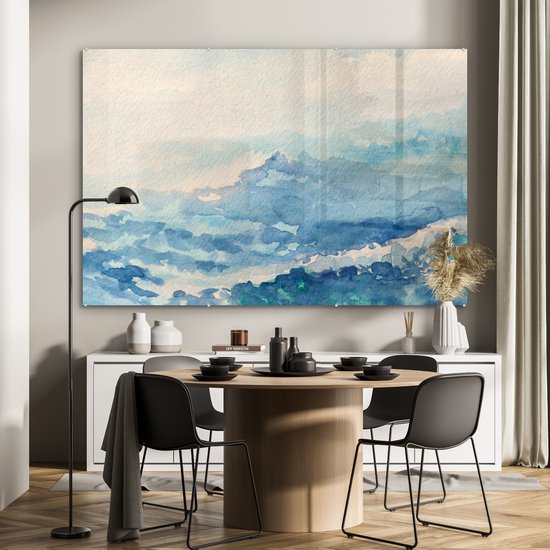 MuchoWow® Peinture sur verre 150x100 cm - Peinture acrylique sur verre - Illustration aquarelle abstraite de vagues - Photo sur verre - Peintures