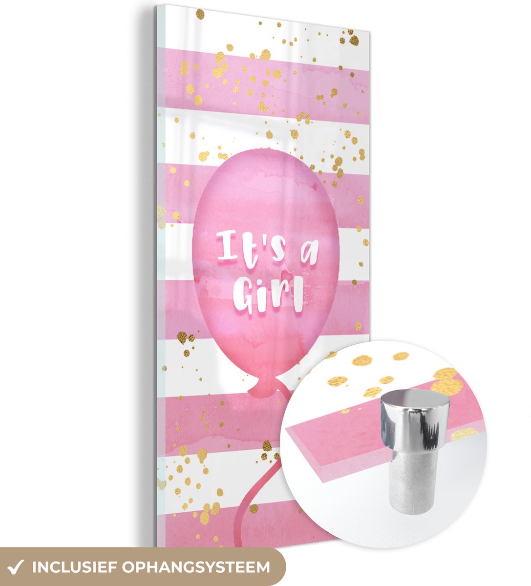 ® Glasschilderij 60x120 cm - Schilderij acrylglas - Waterverf - Goud - Roze - Gender reveal - Het is een meisje - Spreuken - Foto op glas - Muurdecoratie woonkamer - Wanddecoratie slaapkamer - Schilderijen