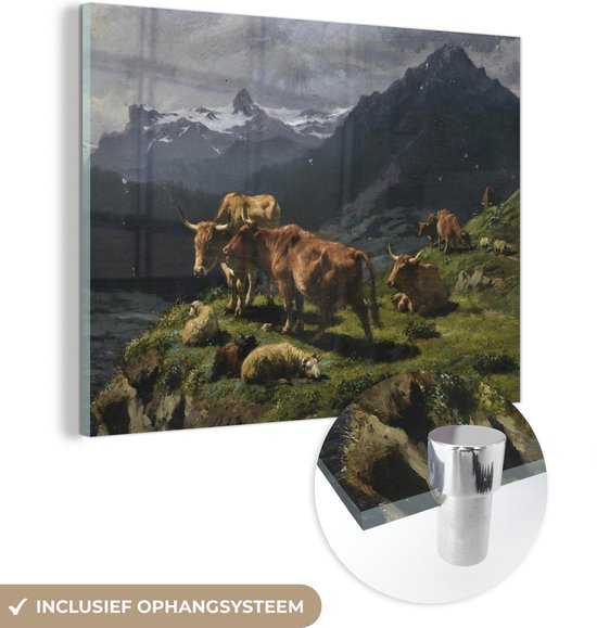 MuchoWow® Glasschilderij 40x30 cm - Schilderij acrylglas - Runderen en schapen in een alpenlandschap - schilderij van Rosa Bonheur - Foto op glas - Schilderijen