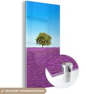 MuchoWow® Glasschilderij 40x80 cm - Schilderij acrylglas - Boom - Paars - Lucht - Lavendel - Foto op glas - Schilderijen