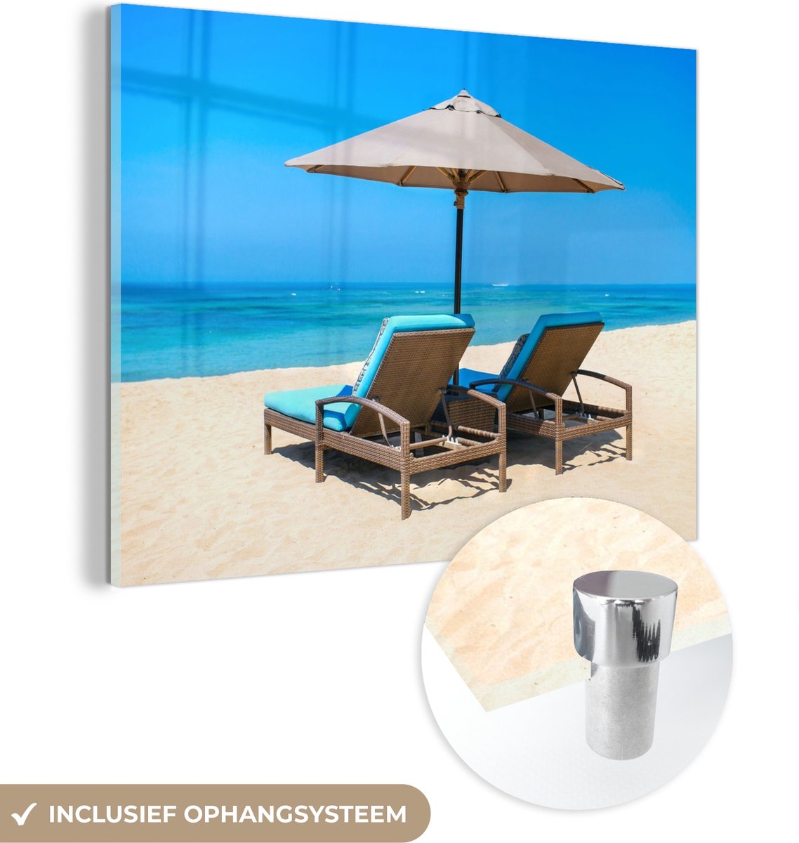 ® Glasschilderij 120x90 cm - Schilderij acrylglas - Strandstoel - Parasol - Zomer - Zee - Foto op glas - Muurdecoratie woonkamer - Wanddecoratie slaapkamer - Schilderijen