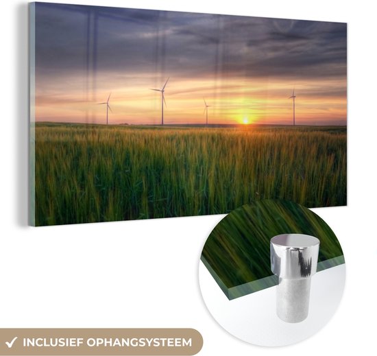 MuchoWow® Glasschilderij 40x20 cm - Schilderij acrylglas - Windmolen - Zon - Gras - Foto op glas - Schilderijen