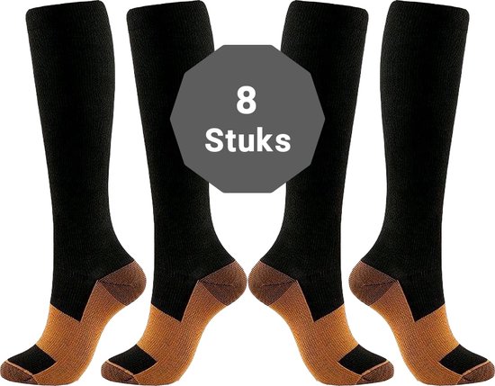 8 stuks (4 paar) - Compressie kousen met sok - Sport sokken - Steunkousen - Reissokken - Reiskousen - Zwart - Maat 41/46