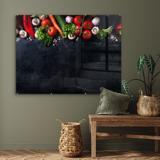 MuchoWow® Peinture sur Verre - Légumes - Herbes - Épices - Zwart - Rustique - Cuisine - 120x90 cm - Peintures sur Verre Acrylique - Photo sur Glas