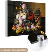 MuchoWow® Glasschilderij 120x80 cm - Schilderij acrylglas - Stilleven met bloemen en fruit - Kunstwerk - Oude meesters - Foto op glas - Schilderijen