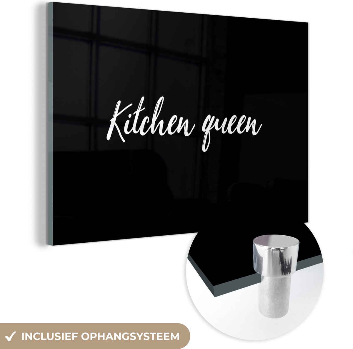 MuchoWow® Glasschilderij 90x60 cm - Schilderij acrylglas - Quotes - Kitchen Queen - Vrouwe