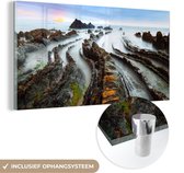 MuchoWow® Glasschilderij 120x60 cm - Schilderij acrylglas - Mist - Rotsen - Water - Natuur - Foto op glas - Schilderijen