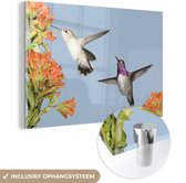 MuchoWow® Glasschilderij 90x60 cm - Schilderij acrylglas - Kolibrie - Bloemen - Vogels - Foto op glas - Schilderijen