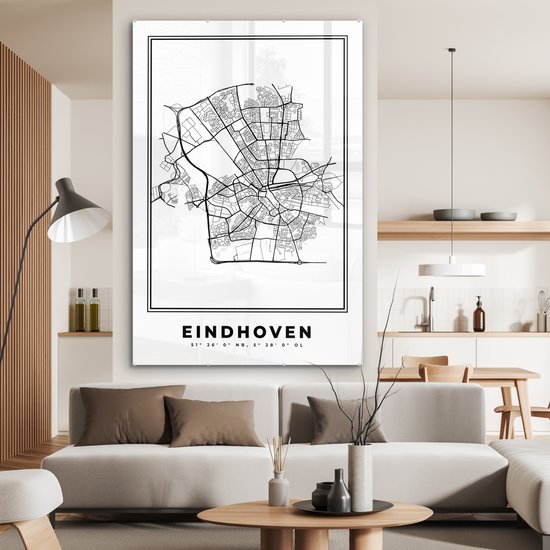 MuchoWow® Peinture sur verre 120x180 cm - Peinture sur verre acrylique - Carte - Carte - Plan de la ville - Eindhoven - Nederland - Zwart et Wit - Photo sur verre - Peintures