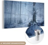 MuchoWow® Glasschilderij 160x80 cm - Schilderij acrylglas - Bos - Winter - Sneeuw - Foto op glas - Schilderijen
