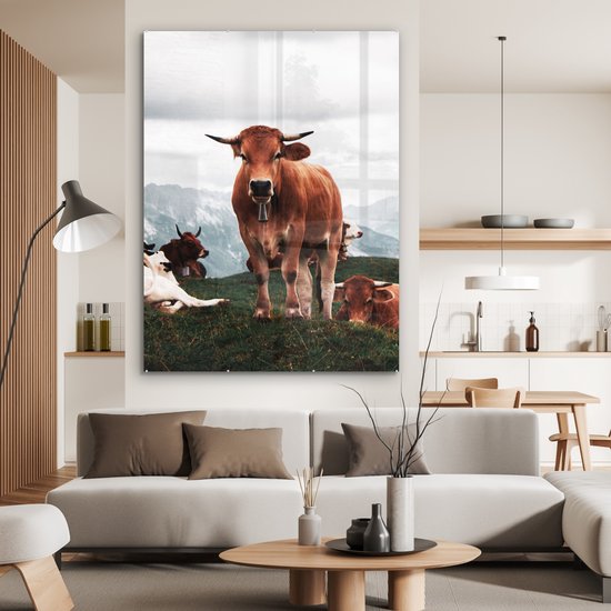 MuchoWow® Peinture sur verre 120x160 cm - Peinture sur verre acrylique - Animaux - Vache - Berg - Photo sur verre - Peintures