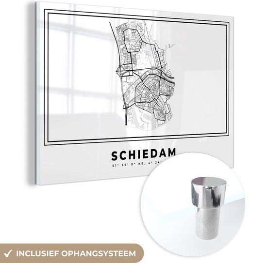 Peinture sur Verre - Pays- Nederland - Schiedam - Plan de la Ville - Carte - Zwart Wit - Plan d'Etage - 90x60 cm - Peintures sur Verre Peintures - Photo sur Glas