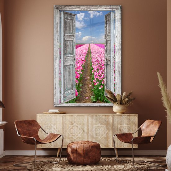 MuchoWow® Glasschilderij 100x150 cm - Schilderij acrylglas - Bloemen - Tulpen - Doorkijk - Regenboog - Foto op glas - Muurdecoratie woonkamer - Wanddecoratie slaapkamer - Schilderijen